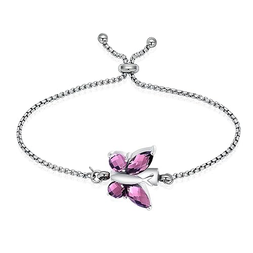 constantlife Crystal Butterfly Cremation Bracelet for Ashes for Women Stainless Steel Pendant Urn Keepsake Adjustable Wristband Bangle Memorial Jewelry Gift - color: Fuchsia