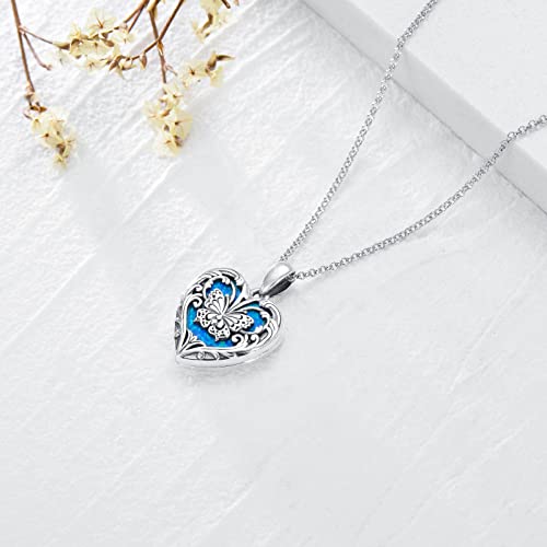 SOULMEET Personalized Silver Locket Necklace That Holds Pictures Photo Keep Someone Near to You, Memorial Custom Lockets Necklaces Letters Engraving for His Her - color: F3-Opal butterfly-Black, style: Locket+Custom Photo+Engraved