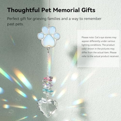 Dog Memorial Gifts, Pet Memorial Suncatcher, Loss of Dog Sympathy Gift | Thoughtful Dogs and Cats Bereavement Remembrance Gifts, Natural Cat's Eye Stone Paw Crystal Suncatcher - color: Moonstone