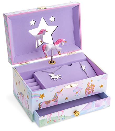 Jewelkeeper Jewelry Box for Girls with Drawer - Spinning Unicorn Doll to The Beautiful Dreamer Tune Music Box - Little Girls' Jewelry Set Includes Unicorn Bracelet and Necklace - 5Dx7Wx4H Inches