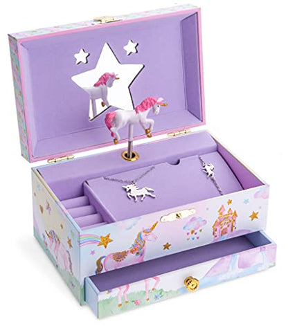 Jewelkeeper Jewelry Box for Girls with Drawer - Spinning Unicorn Doll to The Beautiful Dreamer Tune Music Box - Little Girls' Jewelry Set Includes Unicorn Bracelet and Necklace - 5Dx7Wx4H Inches