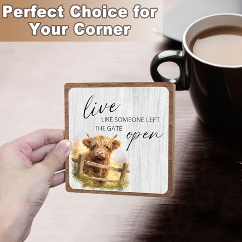 Highland Cow Wooden Sign Gift, Funny Rural Farmhouse Inspirational Decor | Rustic Desk Tabletop, Positive Quotes Decor for Home Office Bedroom, Faith Plaques for Women Men Friend - style: Highland 01
