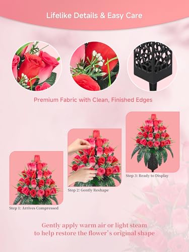 Mirevielyn 2-Pack 24-Stem Artificial Rose Cemetery Flowers with Vases - color: Red (Vivid Tribute)
