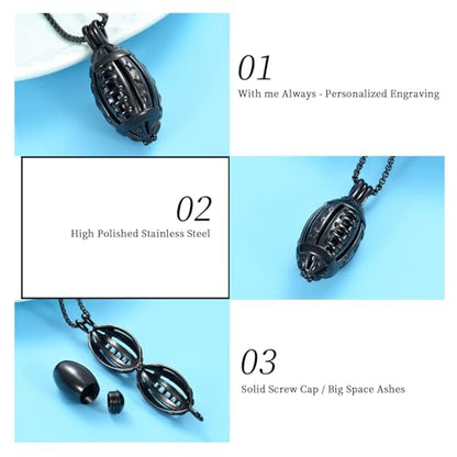 Oinsi American Football Cremation Locket Necklace For Ashes Of Loved Ones Stainless Steel Memorial Urn Jewelry Women Men Keepsake Fashion Necklace - color: All Black