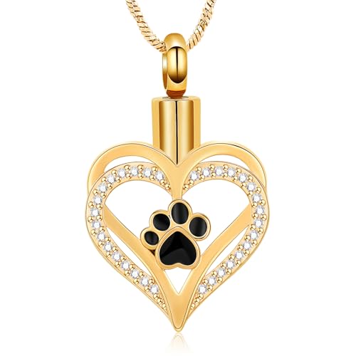 Yinplsmemory Pet Paw Print Heart Cremation Jewelry for Dog/Cat Ashes Keepsake Memorial Cremation Necklace Urn for Human/Pet Ashes - color: Gold