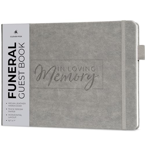 Clever Fox Funeral Guest Book for Memorial Service w/Address, Gray | 10x7 in, 120 pages, Eco leather hardcover, Personalized celebration of life guestbook, Memory book & condolence register - color: Gray