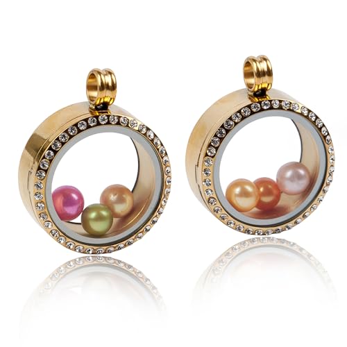 2PCS 30MM Floating Charm Locket Necklace with 6 Freshwater Pearls/Beads,316L Stainless Steel Clear Glass Locket,Small Waterproof Living Memory Pendant for Women(Without Chain) - color: Crystal Gold
