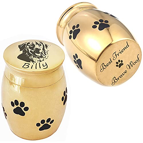 Mini Dog Paw Print Cremation Urn for Pet Ashes Holder, Photo Customized Pet Portrait Engraved on Cap, Small Memorial Keepsake for Animal Lover Puppy Cat (Gold - Pet Portrait) - color: Gold - Pet Portrait