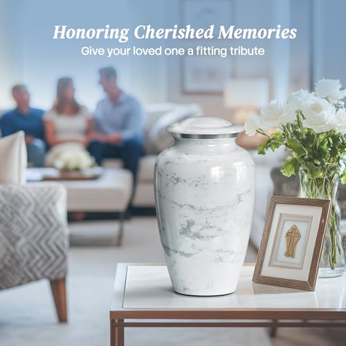 Cremation Urns for Human Ashes Adult Female & Male - Large (10.5H x 6.25W) | Handcrafted Urn for Human Adult Man & Woman - Decorative Funeral Urns - Memorial Urn with White Marble Finish - size: Large, style: White Marble Finish