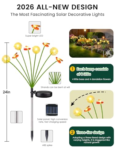 EEW Solar Garden Lights Outdoor 10 Pack 80 LED Swaying Dandelion Bee Lights | 2 Modes (Steady on, Slow Twinkle),Cute Flower Pathway Lights for Yard Lawn Patio Party Garden Wedding Pathway Decorations