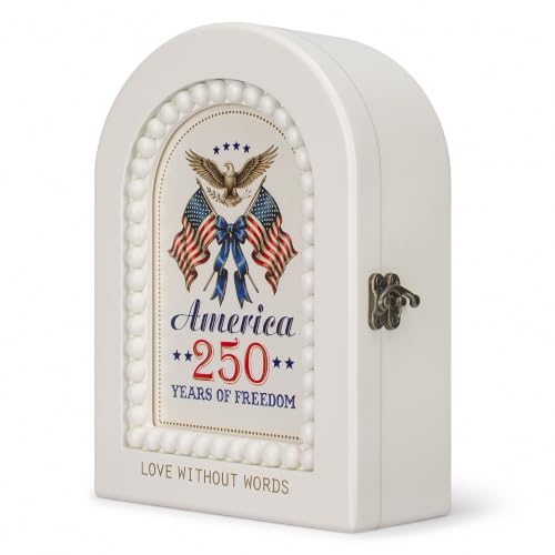 Wooden Memory Box for Keepsakes, 4x6 Photo Display, Patriotic Keepsake Box | Arched wooden photo storage box for letters, cards and mementos; America 250th anniversary decor for shelf or tabletop - color: America 250 Years
