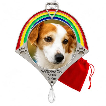 Rainbow Bridge Dog Memorial Ornament with Photo Frame – Pet Remembrance Christmas Ornament – Sympathy Gift for Loss of Dog – Holds Cherished Picture – Gift Bag Included – 4.25" H x 3.25" W - size: 1