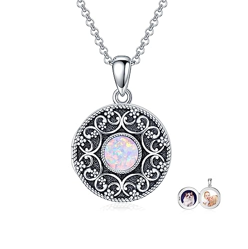 Round Locket Necklace 925 Sterling Silver Filigree/Flower Locket Necklace That Holds Pictures Birthday Christmas Jewelry Gifts for Women - color: 03-Pink Opal Locket