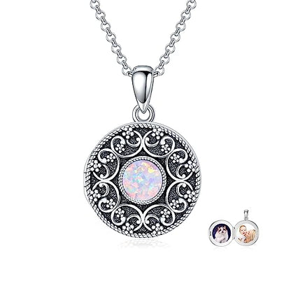 Round Locket Necklace 925 Sterling Silver Filigree/Flower Locket Necklace That Holds Pictures Birthday Christmas Jewelry Gifts for Women - color: 03-Pink Opal Locket