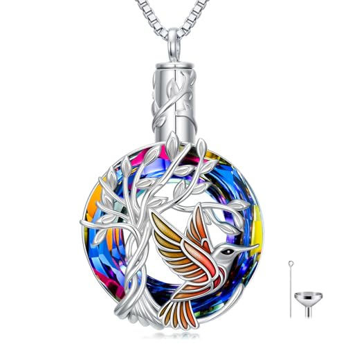 TOUPOP Butterfly Necklace for Women 925 Sterling Silver Tree of Life Butterflies Dragonfly Hummingbird Pendant Necklaces Crystal Jewelry Anniversary Christmas Birthday Gift for Her - color: Hummingbird Red - Urn