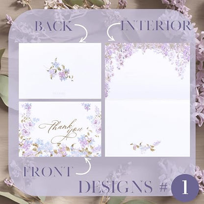 NUOERP Blank Thank You Cards With Envelopes, 30 Pack - 2 Elegant Floral Designs Foil Wedding Thank You Cards With Envelopes - For Baby Shower Card, Birthday Card, Bridal Shower Card, Wedding Card, Flower Card - Blank Inside - color: Purple Floral Gold Foi