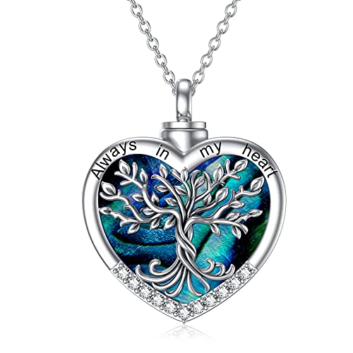 TOUPOP Tree of Life Urn Necklaces for Ashes 925 Sterling Silver Heart Cremation Jewelry Memorial Keepsake Jewelry with Funnel Filler for Women Men - color: A-Heart Tree of Life-Abalone Shell