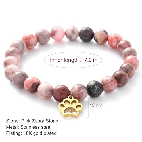 VZBarn Memorial Gifts for Loss of Pet’s Mom Pet Keepsake Dog Cat Paw Charm Natural Stone Bracelet Remembrance Gift for Women - color: Pink Golden