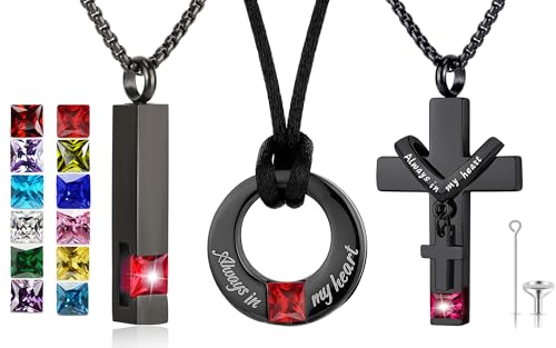 YOUFENG 3 Pieces Cremation Urn Necklaces for Ashes Keepsake Cremation Jewelry Cross Round Bar Birthstone Crystal Stainless Steel Memorial Pendant for Women Men - color: Ruby