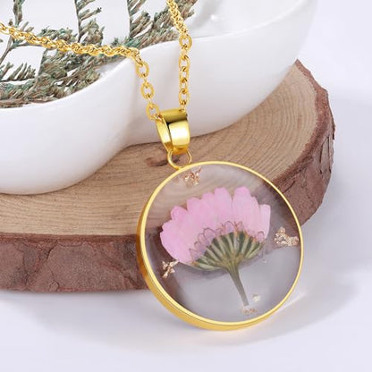 AUNTESIGN Forget-Me-Not and Queen Anne's Lace Pressed Wildflower Necklace | Birth Month Flowers Necklace | Gold/Silver Pressed Flower Jewelry | Mother's Day | Gift For Her - color: Aster Necklace (September Birth Flower)