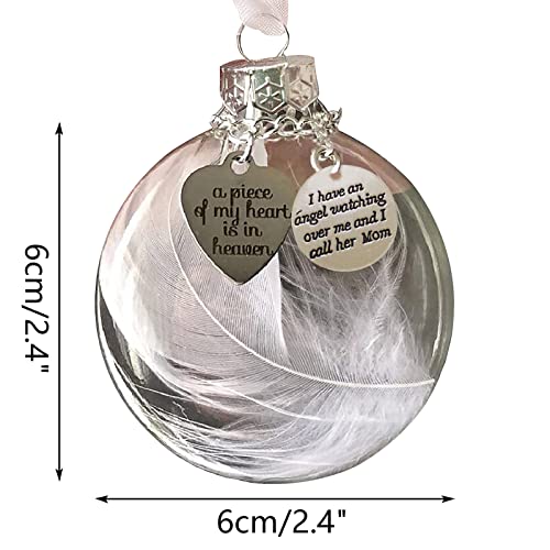 Clear Christmas Memorial Ornament Feather Ball, A Piece of My Heart is in Heaven Loss of Loved One Mother Christmas Tree Hanging Sympathy Gift with Silk Ribbon & Red Gift Box - color: Mom
