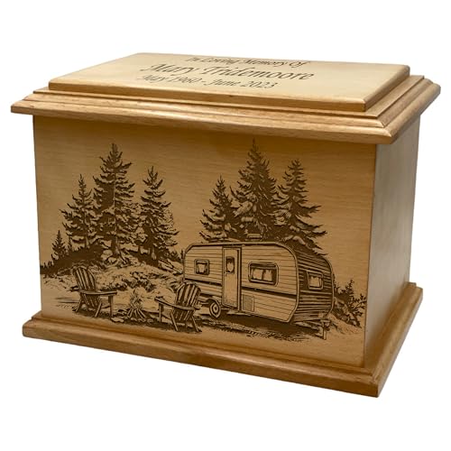 Wooden Urn for Human Ashes, Large Funeral Cremation Urn with Personlaization and Multiple Designs (Camp Trailer)