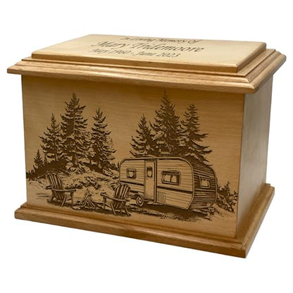 Wooden Urn for Human Ashes, Large Funeral Cremation Urn with Personlaization and Multiple Designs (Camp Trailer)