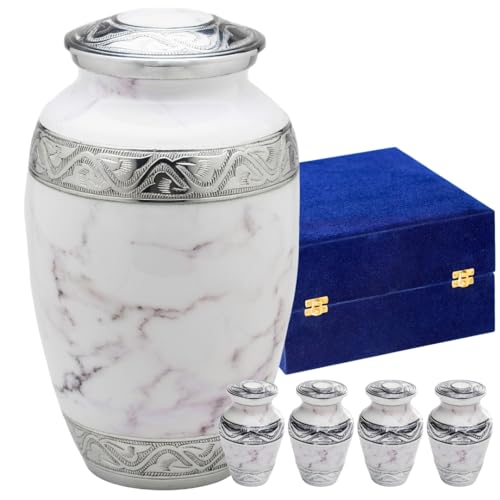 GR8 Keepsakes Classic White Marble-Finish Cremation Urn Set | Large Decorative Urn, 4 Matching Keepsakes for Family Sharing, Velvet Case Included, Secure Screw-Top Lids - color: White