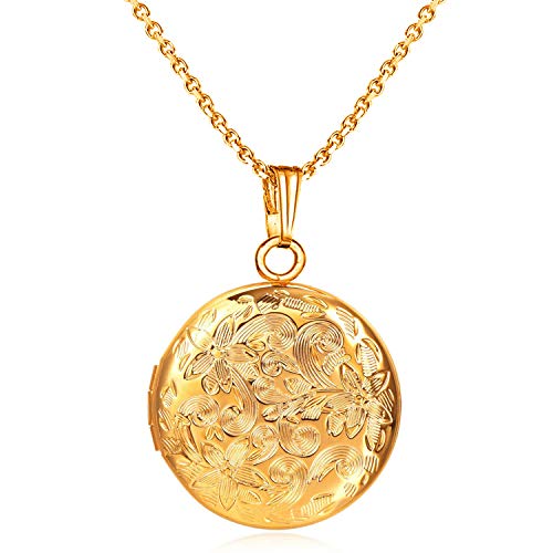 YOUFENG Locket Necklace that Holds Pictures Flower Lockets Pendant Necklaces Birthday Gifts Jewelry - color: GoldRound