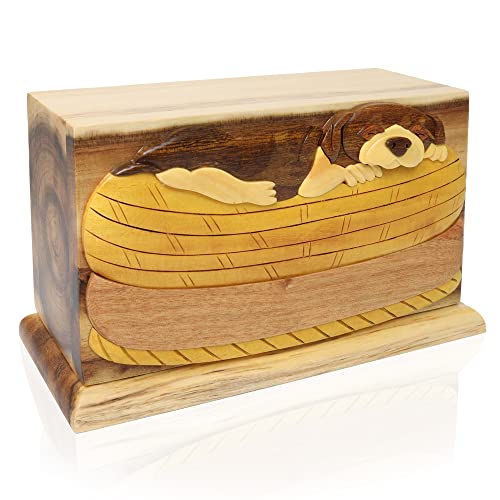 Wooden Cremation Pet Urn Box with Sleeping Dog Design - Oak, Black Walnut and Beech Keepsake Urns in Loving Memory of Pets - Hand Carved Memorial for Pet Ashes - 30 Cubic Inches