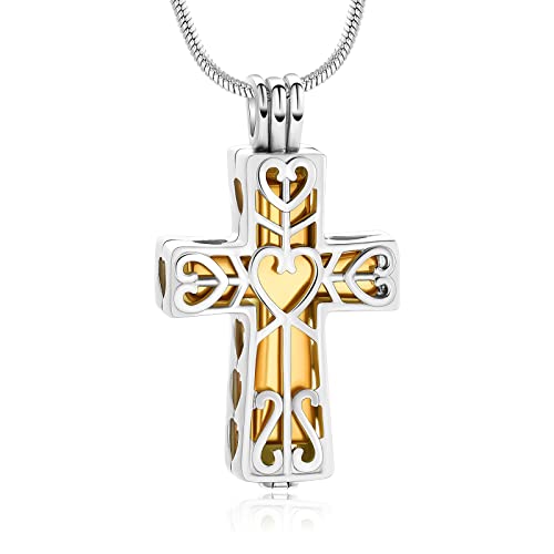 Urn Necklaces for Ashes Cross Cremation Jewelry for Ashes Memorial Ash Pendant with Hollow Keepsake Jewelry Gifts for Loss of Loved One with Funnel Filler Kit - color: Gold