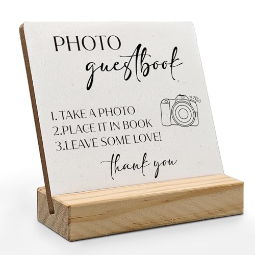 Guest Book Wedding Reception Desk Decor Sign, Photo Guest Book Sign Wood Plaque, Wedding GuestBook Sign, WeddingSign Wooden Plaque Sign with Wood Stand for WeddingTable Reception Decor - color: white-3, size: 4x4 inches