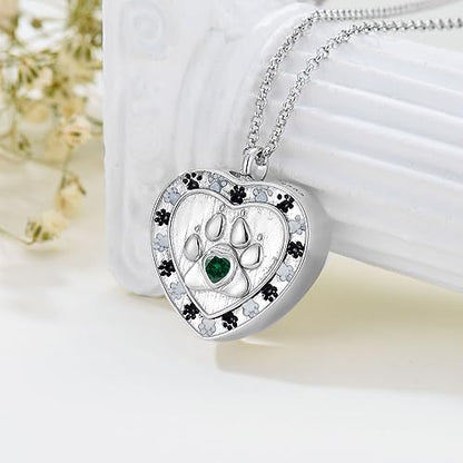 SOULMEET Memorial Pet Necklace for Ashes, Silver/White Gold Paw Print Urn Necklaces with Birthstone for Ashes Keepsake Cremation Jewelry for Pet Cats Dogs - style: E1-Locket Only-May