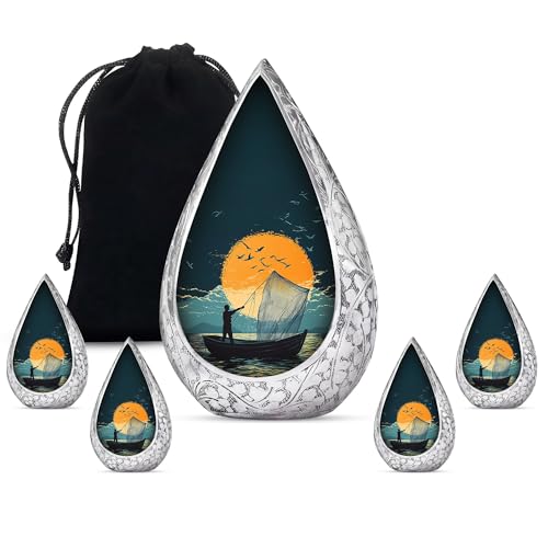 Fisherman Sunset Funeral Keepsake Cremation Urns for Men Women Combo | Large Sunset Urn for Men Women 10 Inch - Mini Keepsake for Dad Mom 3 Inch - color: Fisherman-4, size: 10 Inch Large & 3 Inch Keepsake (5-Piece Set)