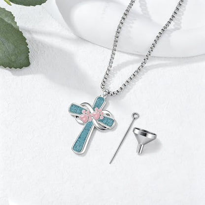 Turquoise Cross Urn Necklaces for Human Ashes 925 Sterling Silver Urn Necklaces Cremation Keepsake Memorial Pendant Necklace for Ashes for Loved One Human Pet - style: Paw Print&Pink-Text&photo