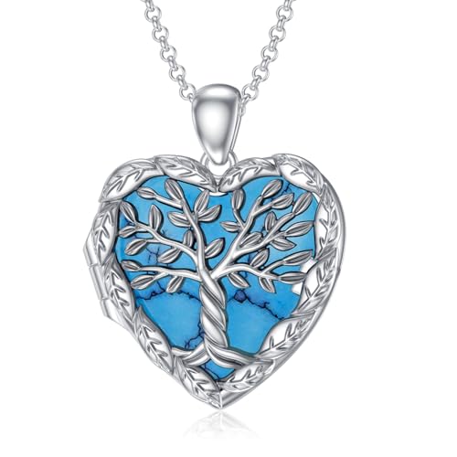 SOULMEET Personalized Tree of Life/Palm Tree Heart Locket Sterling Silver Necklace That Holds 1 or 2 Pictures Memorial Vintage Photo Locket Custom Any Photo Healing Gift - style: E1-Turquoise tree locket only