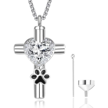 Dreamboat Pet Cremation Urn Necklaces for Dog Cat Ashes 925 Sterling Silver Paw Print Keepsake Pendant Memorial Jewelry Gifts for Women Men - style: 01G-Silver Cross Vial