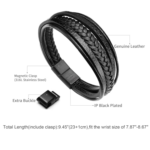 Mens Leather Bracelet with Clasp Cowhide Multi-Layer Braided Leather Mens Bracelet - style: black leather&black clasp&9.2