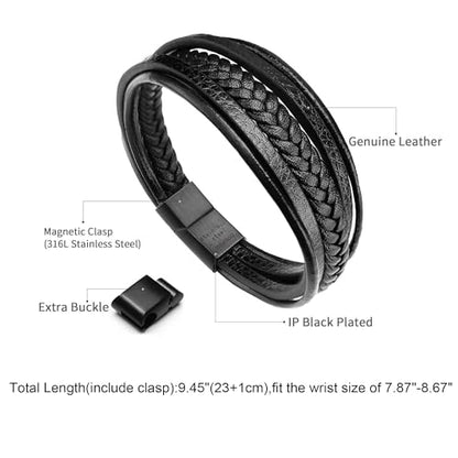 Mens Leather Bracelet with Clasp Cowhide Multi-Layer Braided Leather Mens Bracelet - style: black leather&black clasp&9.2