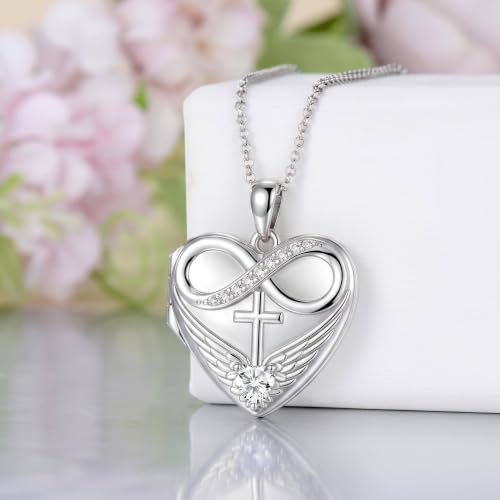 Heart Locket Necklace 925 Sterling Silver Personalized Picture Locket Pendant Birthday Christmas Jewelry Memorial Gifts for Women - color: Angel Wings
