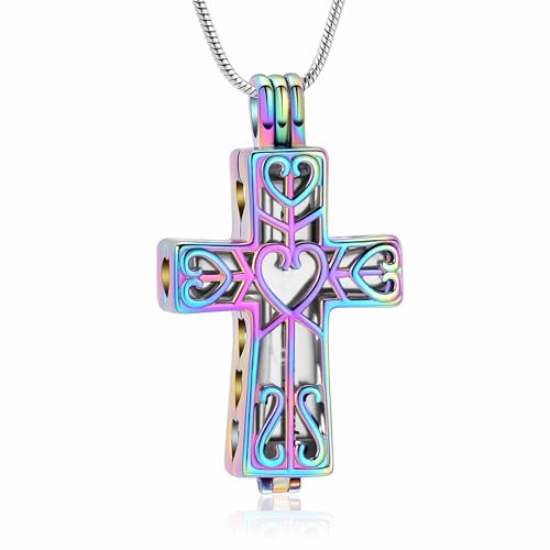 Crystal Cross Necklace for Ashes Stainless Steel Keepsake Cremation Jewelry Religious Cross Memorial Urn Necklace for Pet Human Ashes Gifts - color: R-Silver