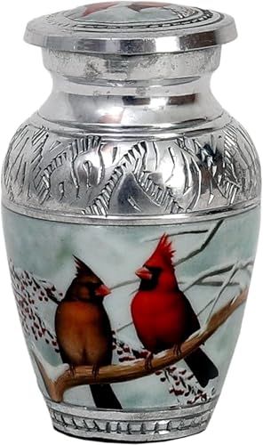 HLC Beautiful Small Cardinal Couple Bird Keepsake Urn - Memorial for Human Ashes with Velvet Box Bag - Peaceful Engraved Mini Affordable Urn (4.5 in) (Large) - size: Mini