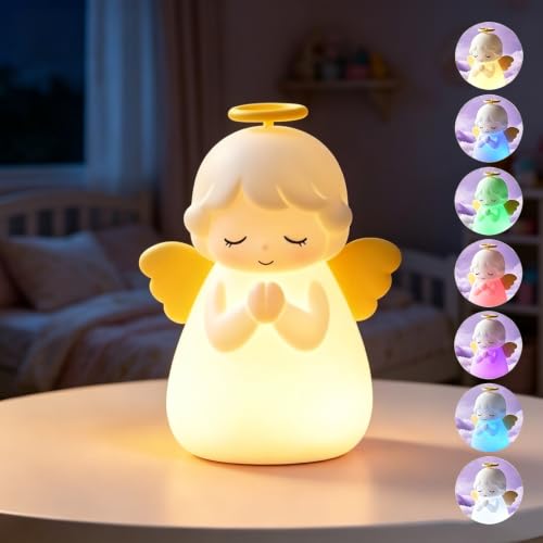 Angel Night Light for Kids, Rechargeable 7 Colors Silicone Night Light with Timer, Dimmable Nursery Night Lights Bedside Lamp for Kids Room Decor, Cute Lamp Gift for Girls Boys Toddlers Teen (White) - color: White