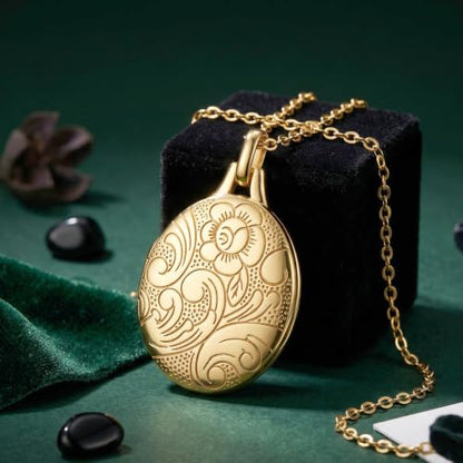YOUFENG Love Heart Locket 14K Gold-Filled Oval Circle Rectangle Lockets that Hold Pictures Floral Patterns Necklace for Women - color: GoldOval