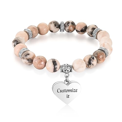 XIUDA Heart Cremation Memorial Urn Bracelet 316L Stainless Steel Keepsake Jewelry Urn Bracelet for Ashes for Women-With Me Always - style: Pink Zebra Stone, Engraved