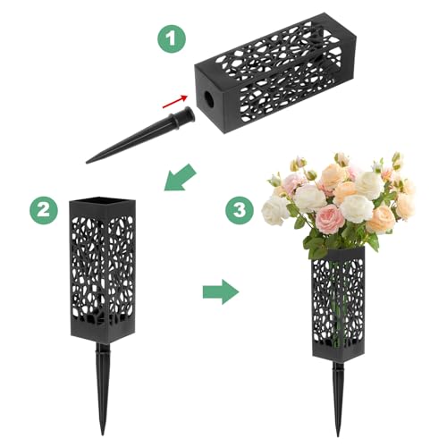 M METERXITY 2-Pack Cemetery Vases with Spikes, Plastic Flower Holder Grave Decorations Drainage Holes for Gravestone/Headstone/Memorial/Cemetery/Grave Markers, Floral Holder Vases [Black]