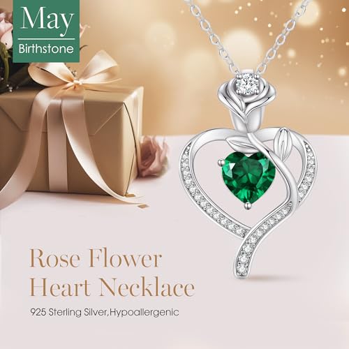 925 Sterling Silver Rose Love Heart Birthstone Necklaces for Women Jewelry | Hypoallergenic Nickel-Free & Lead-Free Pendant,Birthday Anniversary Christmas Gift for Women Wife Mom Girlfriend - color: White Gold-05-May