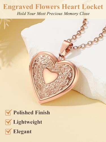 Custom4U Personalized Heart Locket Necklace with Pictures,Sunflower/Angel Wings/Heart Shaped Lockets Custom Photo,Gold/Rose Gold/White Lockets That Holds Picture,Customized Memorial Jewelry for Women - color: B-Heart-Rose Gold(Locket Only)