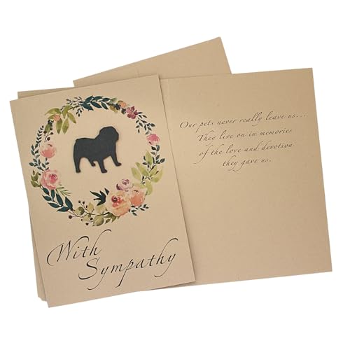 Bulldog Floral Wreath Sympathy Card | Handmade 5x7 Pet Condolences Greeting | Dog Silhouette Kraft Brown Base Card | English Bulldog - color: Kraft Brown, style: Bulldog