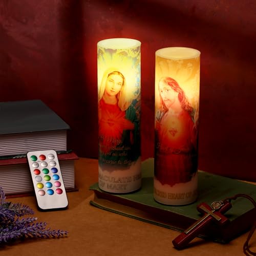 Landhoow Immaculate Heart of Mary and Sacred Heart of Jesus 2 LED Candle | Flameless Wax ,Religious LED Prayer Candles, Battery Operated Remote, Safe for Baptism Church Home Altar - style: Immaculate Heart of Mary and Sacred Heart of Jesus